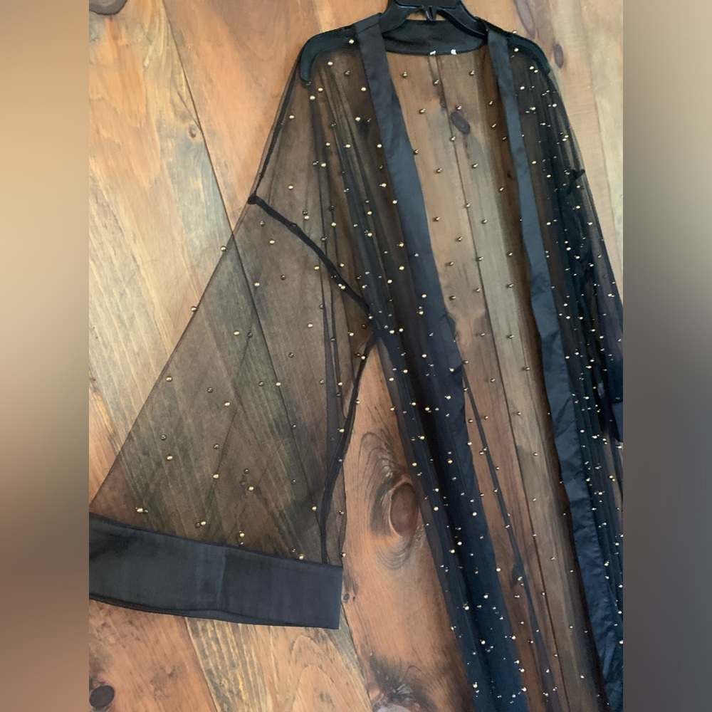 NEW chic,sheer cardigan/cover up bead detail—beach to black tie. Will travel 👏.